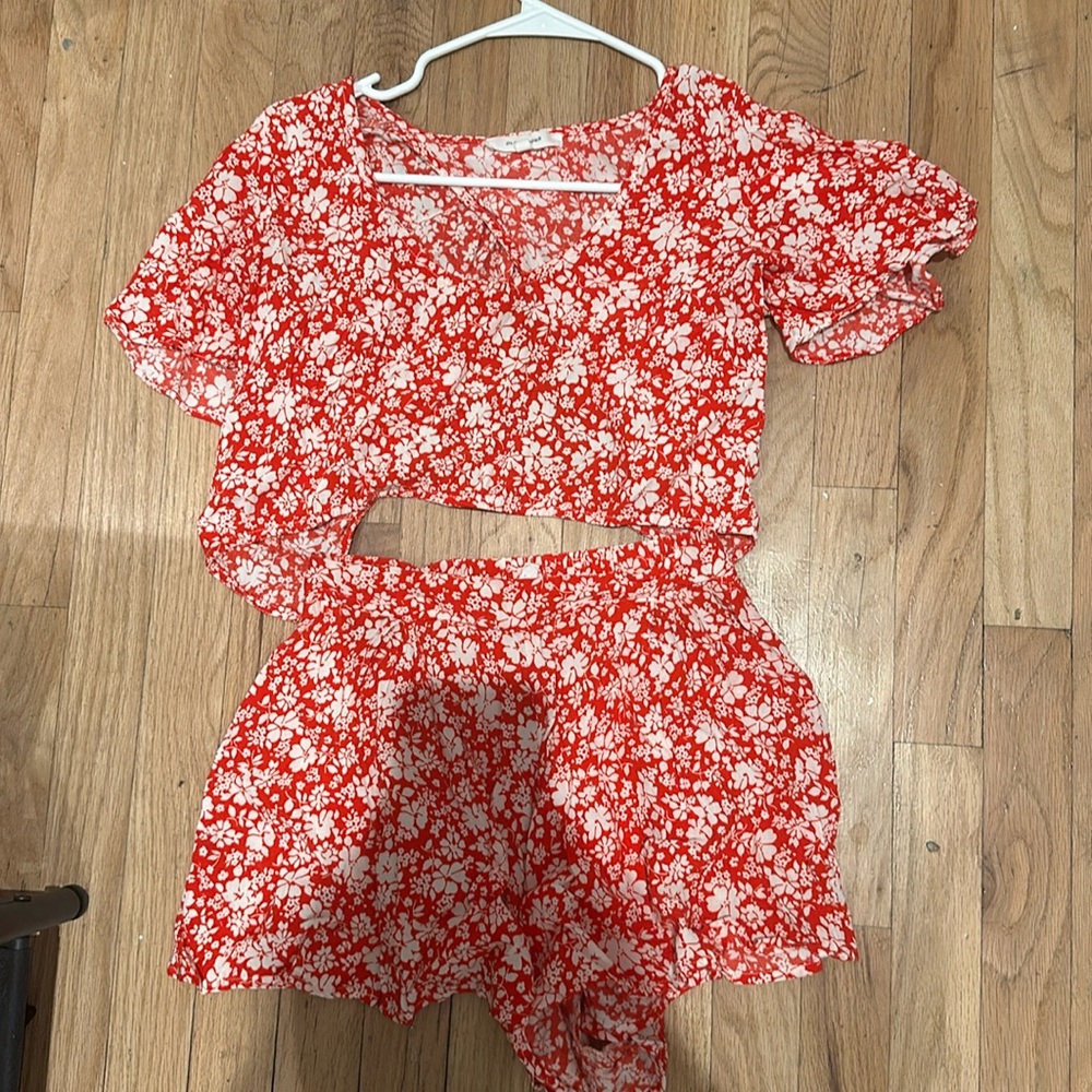 Red Floral Two Piece Top and Skort Set